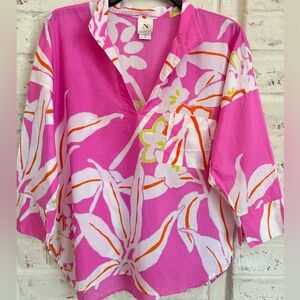 Natori Pink Floral Cotton Blouse | Tropical Print Relaxed Top Size M